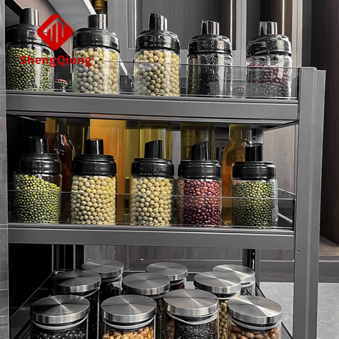 Three-layer drawer-type nano aluminum alloy kitchen cabinet seasoning pull basket