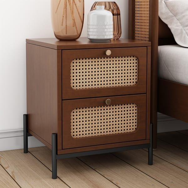 MAGI living room home furniture rattan baskets 2 drawers storage wooden cabinet Solid wood Side Table Nightstand