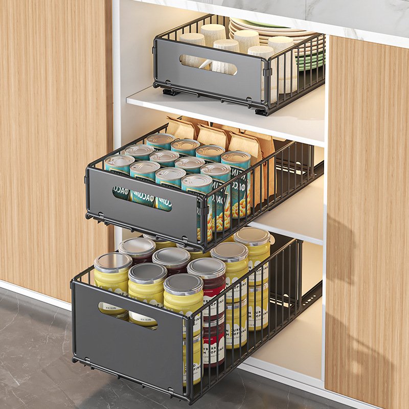 Cabinet Built-in Pull-out Basket Multifunctional Pull-out Snack Storage Rack Home Kitchen Sink Under the Rack without Punching