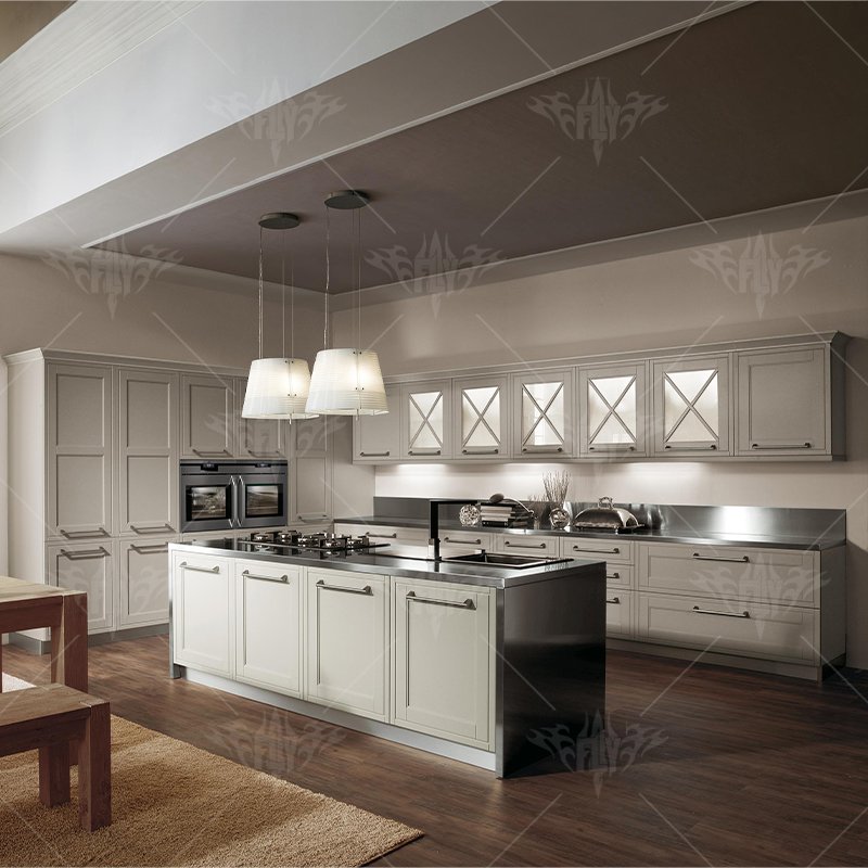 Home Luxury Furniture Classic Design French Style Real Timber Solid Wood Kitchen Cabinet Carcase Marble White Accessories