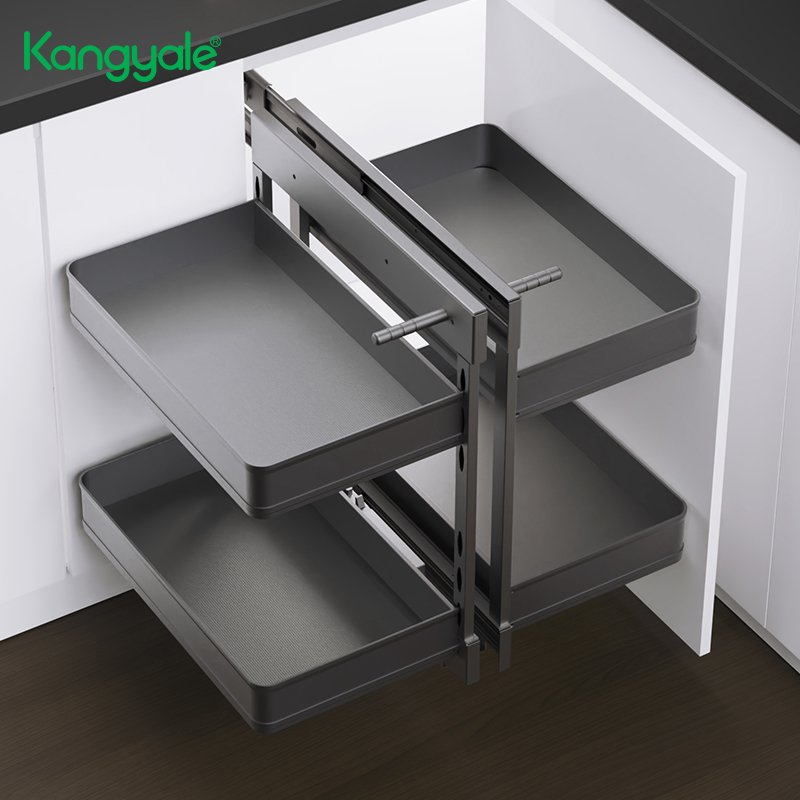 Kangyale Kitchen Drawer 2 Tier Metal Storage Basket Aluminum Alloy Pull Out Pantry Corner Rack