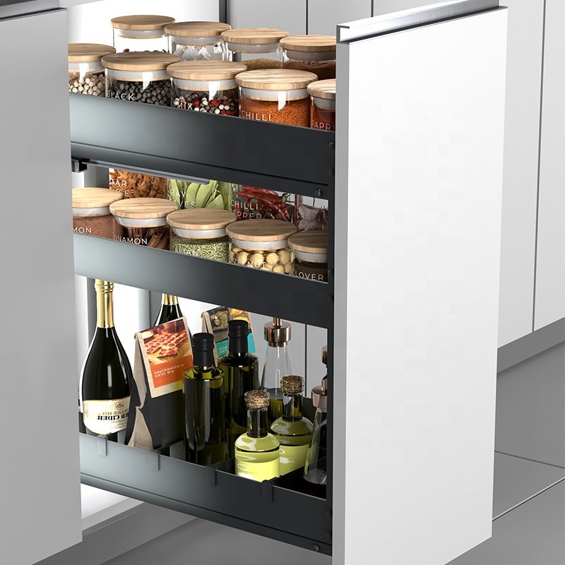 Kitchen basket storage bottles jars base pull out cabinet organizer 3 tiers metal plate sliding out basket
