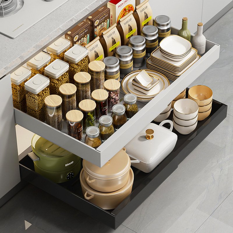 Large Capacity Expandable Pull Out Organizer Drawer Slide Out Kitchen Metal Cabinet Organizer Storage Punch-free Drawer