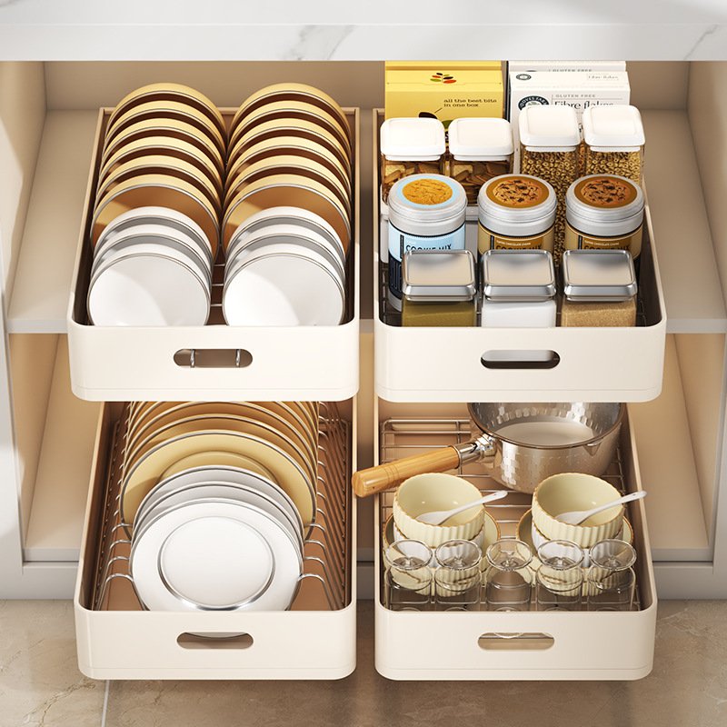 Large Capacity Expandable Pull Out Organizer Drawer Slide Out Kitchen Metal Cabinet Organizer Storage Punch-free Drawer