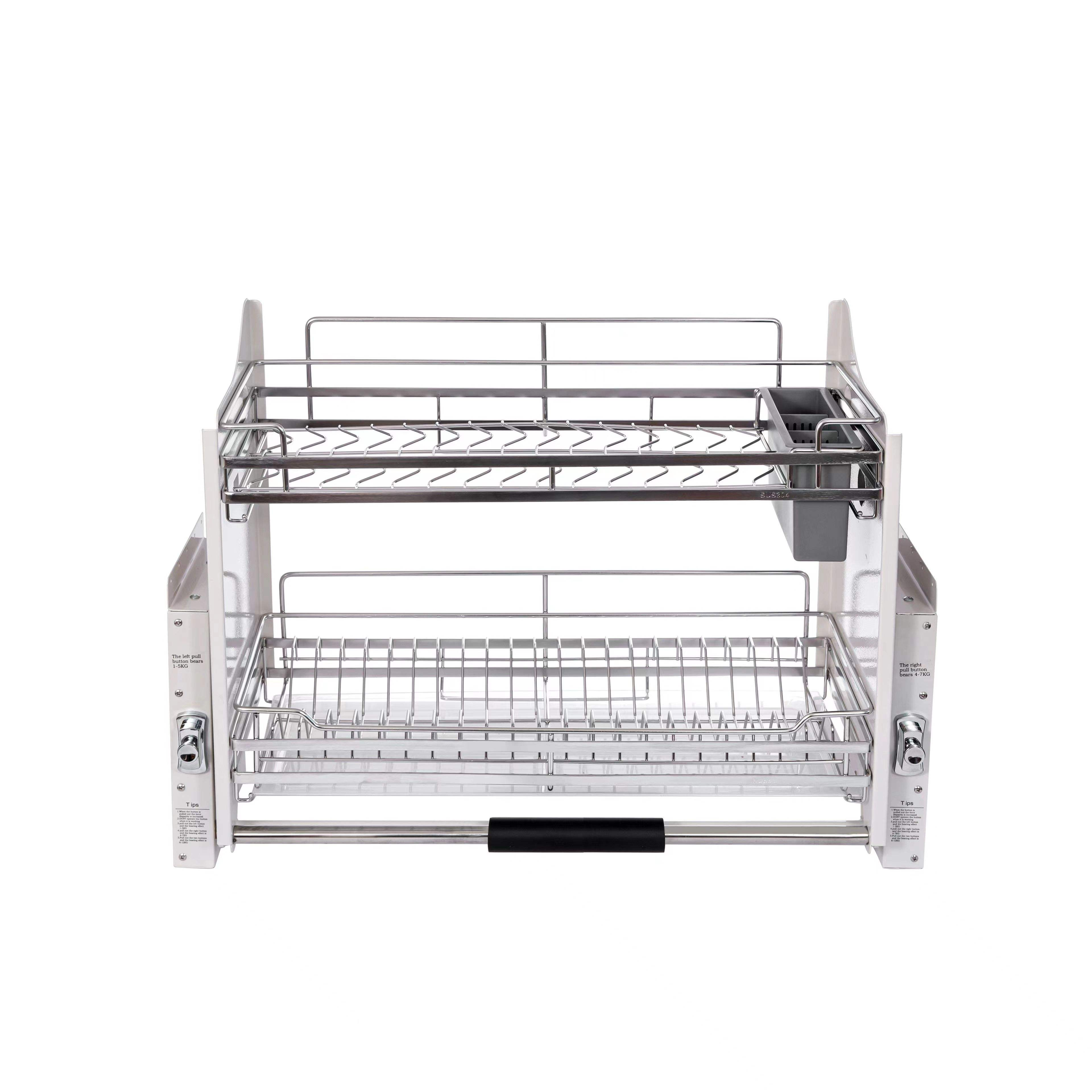 CY-204 Kitchen Cabinet Drawer Pull Out Baskets Double Top Cabinet Condiment Basket Steel Kitchen Storage Lift Aluminum