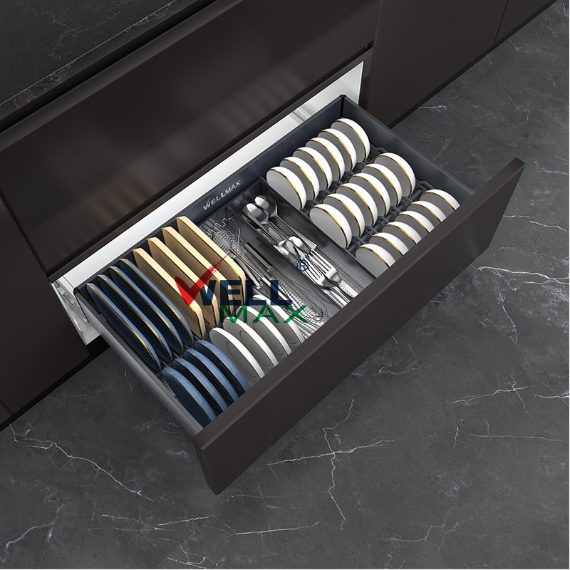 WELLMAX Kitchen Cabinet Built-In Plate Holder Pull Out Drawer Basket Storage Organizer Stainless Steel Dish Rack