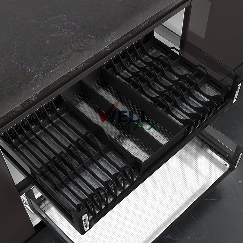 WELLMAX Kitchen Cabinet Built-In Plate Holder Pull Out Drawer Basket Storage Organizer Stainless Steel Dish Rack