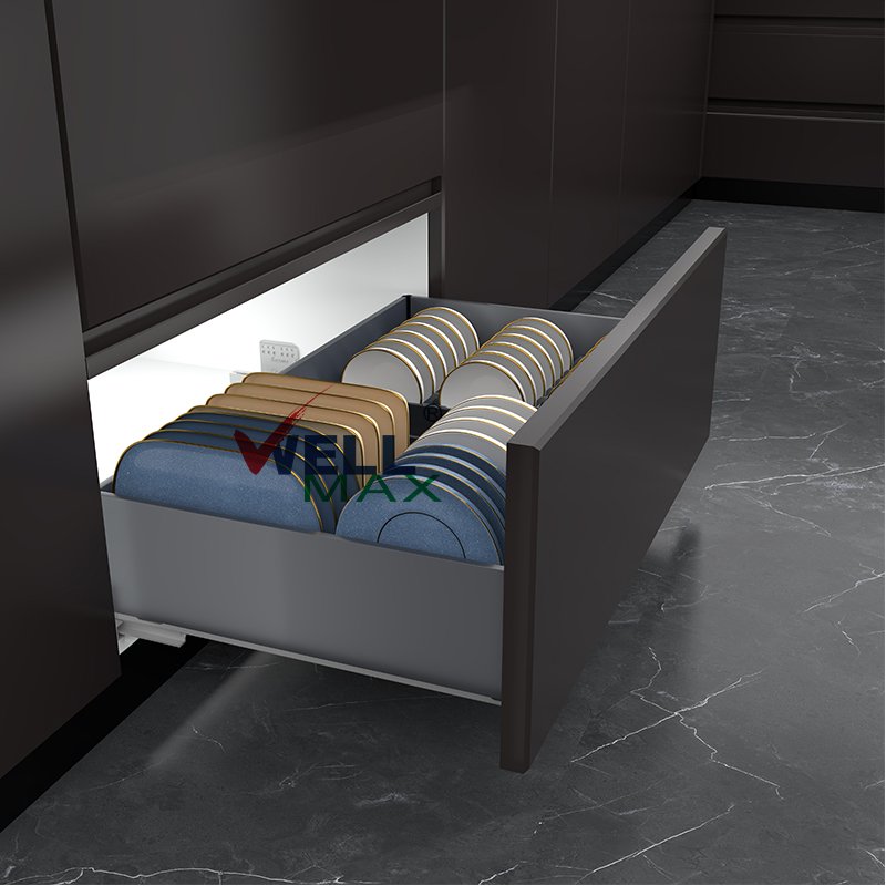WELLMAX Kitchen Cabinet Built-In Plate Holder Pull Out Drawer Basket Storage Organizer Stainless Steel Dish Rack