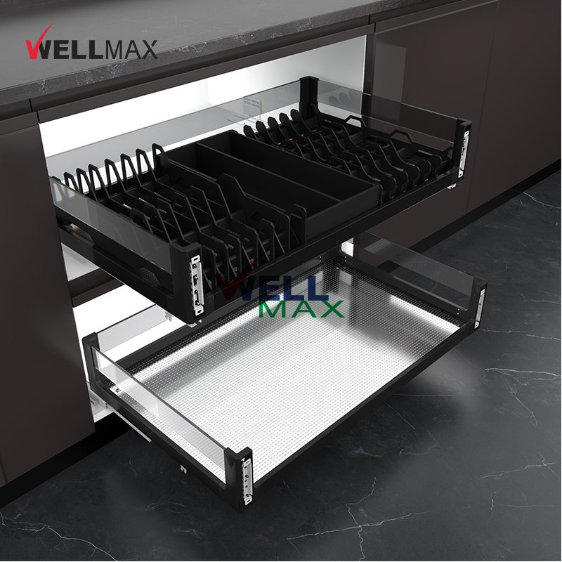WELLMAX Kitchen Cabinet Built-In Plate Holder Pull Out Drawer Basket Storage Organizer Stainless Steel Dish Rack
