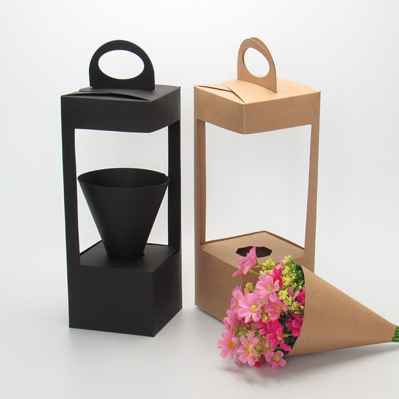 New portable creative kraft paper flower bag red rose gift box folding flower basket paper box wholesales
