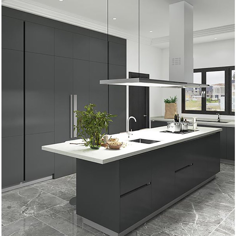 Foshan Modern Acrylic Modular Walnut Wood Color American Kitchen Cabinet Led Light Pvc Matt Grey Black Lacquer Kitchen Cabinets