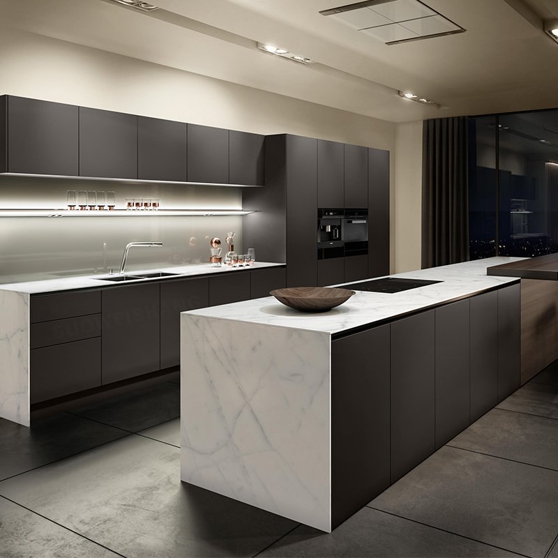 Foshan Modern Acrylic Modular Walnut Wood Color American Kitchen Cabinet Led Light Pvc Matt Grey Black Lacquer Kitchen Cabinets