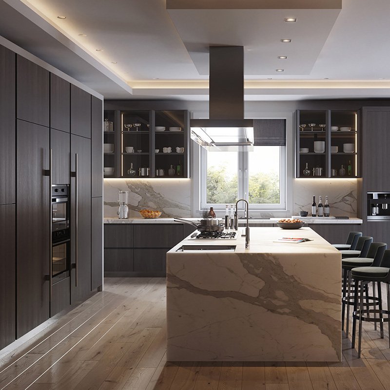 Foshan Modern Acrylic Modular Walnut Wood Color American Kitchen Cabinet Led Light Pvc Matt Grey Black Lacquer Kitchen Cabinets