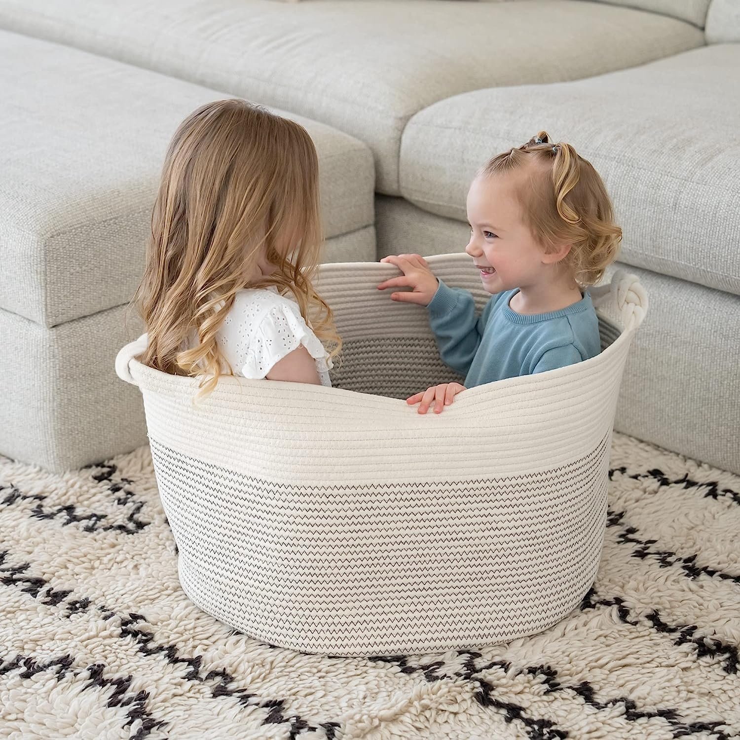customized extra large woven cotton rope storage basket with handles for living
