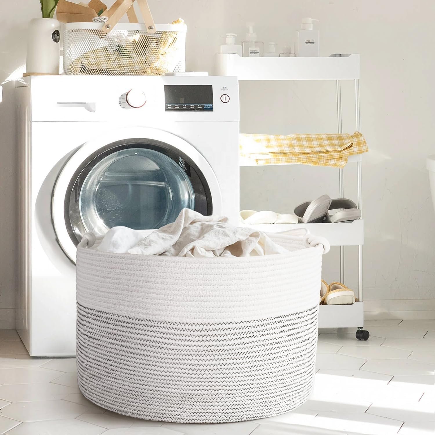 customized extra large woven cotton rope storage basket with handles for living