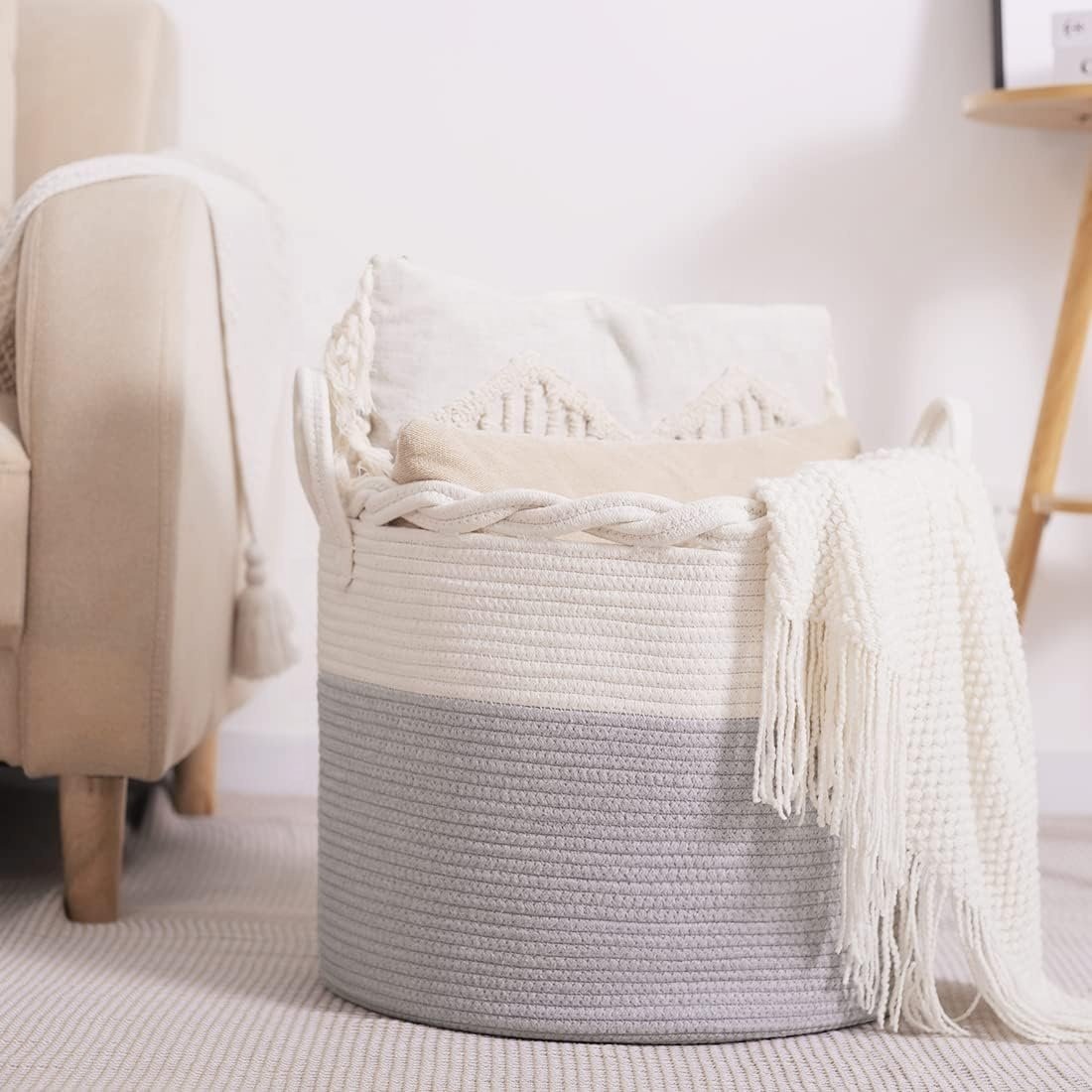 customized extra large woven cotton rope storage basket with handles for living