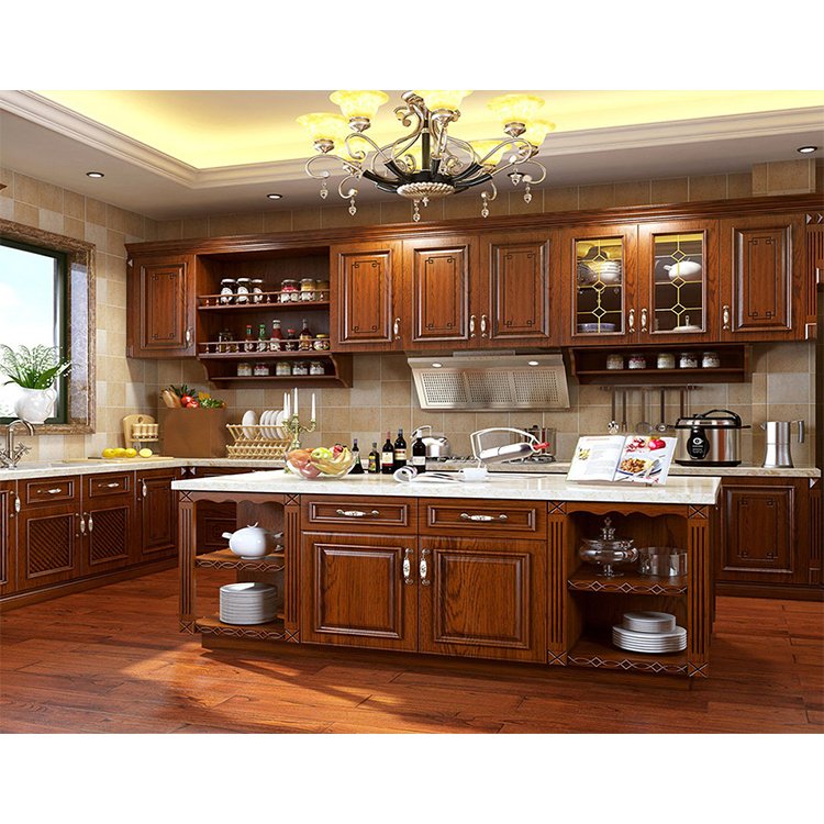China foshan readymade complete set hanging cabinet designs european style luxury cherry solid wood kitchen cabinets with island