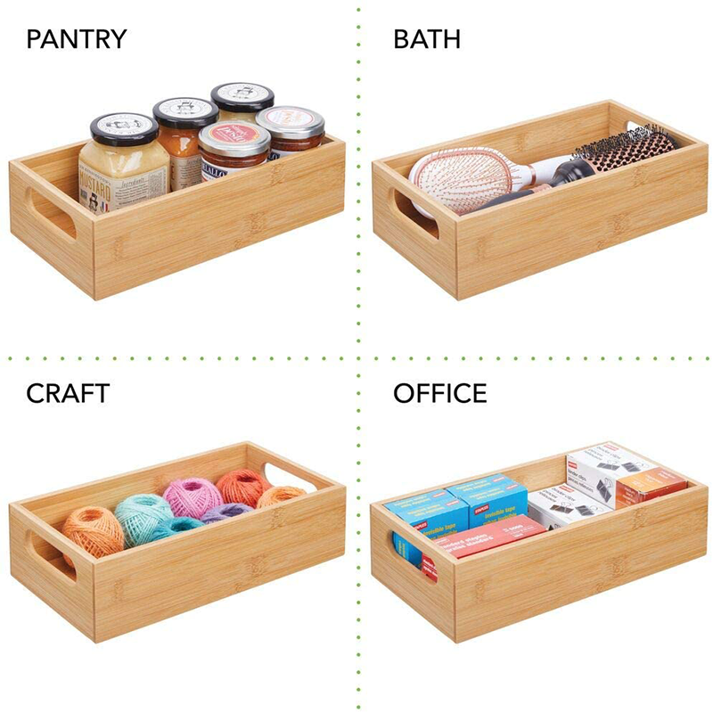 Bamboo Kitchen Storage Container Bin Drawer Organizer Crate Box with Handles for Pantry Cabinet