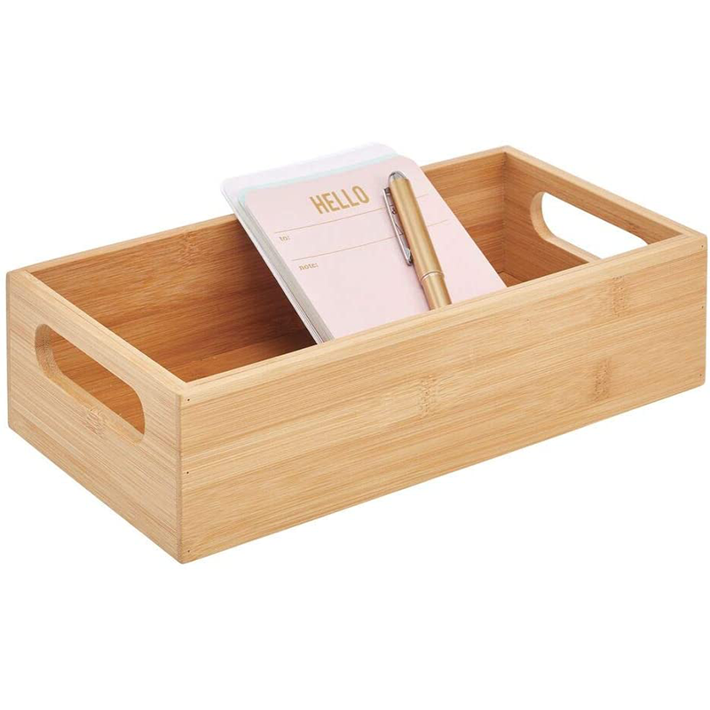 Bamboo Kitchen Storage Container Bin Drawer Organizer Crate Box with Handles for Pantry Cabinet