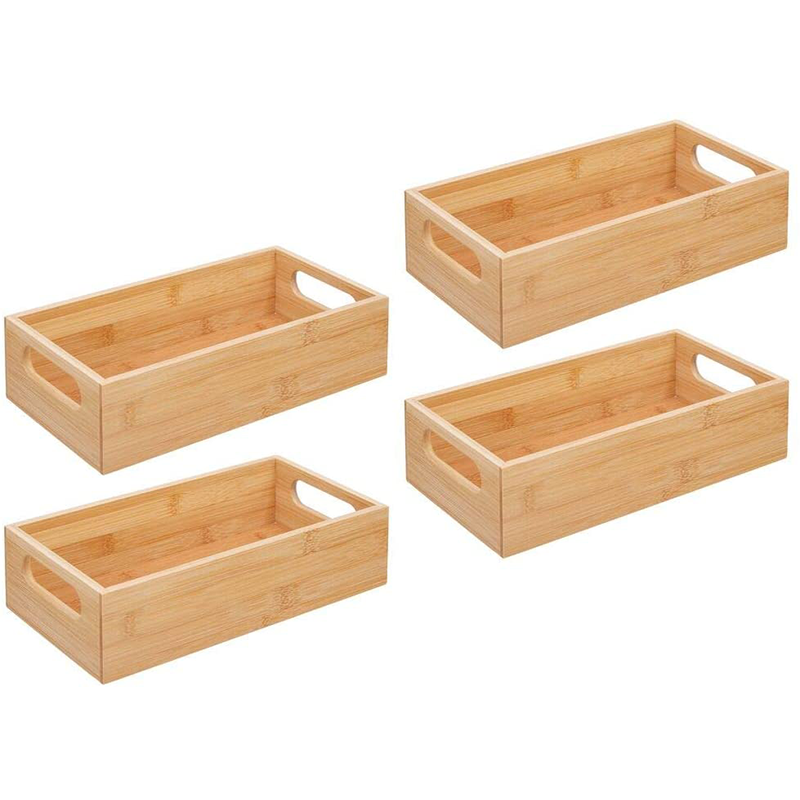 Bamboo Kitchen Storage Container Bin Drawer Organizer Crate Box with Handles for Pantry Cabinet