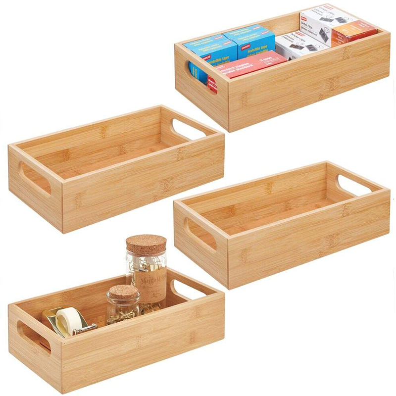 Bamboo Kitchen Storage Container Bin Drawer Organizer Crate Box with Handles for Pantry Cabinet