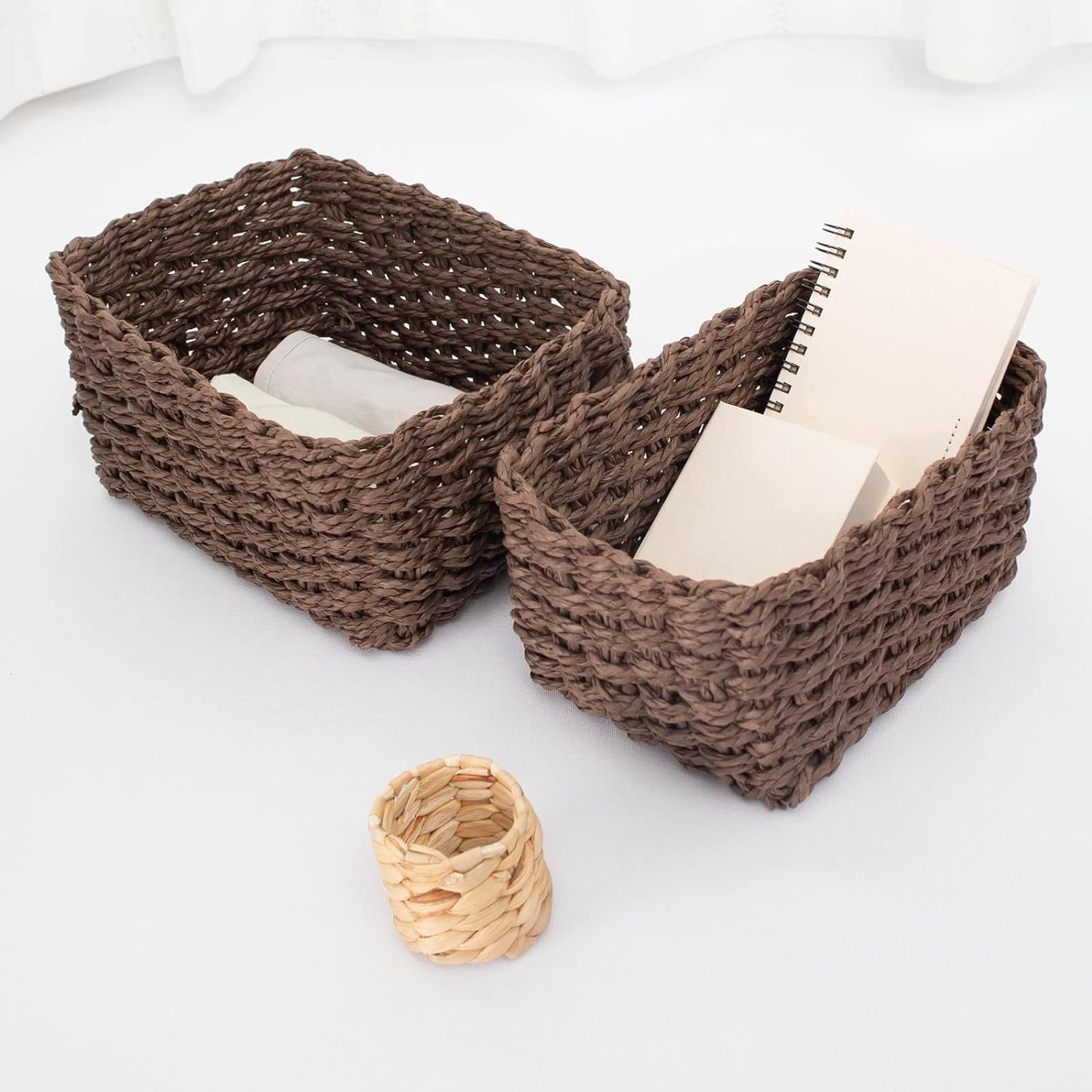Wholesale paper rope storage basket organizer used to organize shelves cabinets drawer containers small woven baskets 3 sets