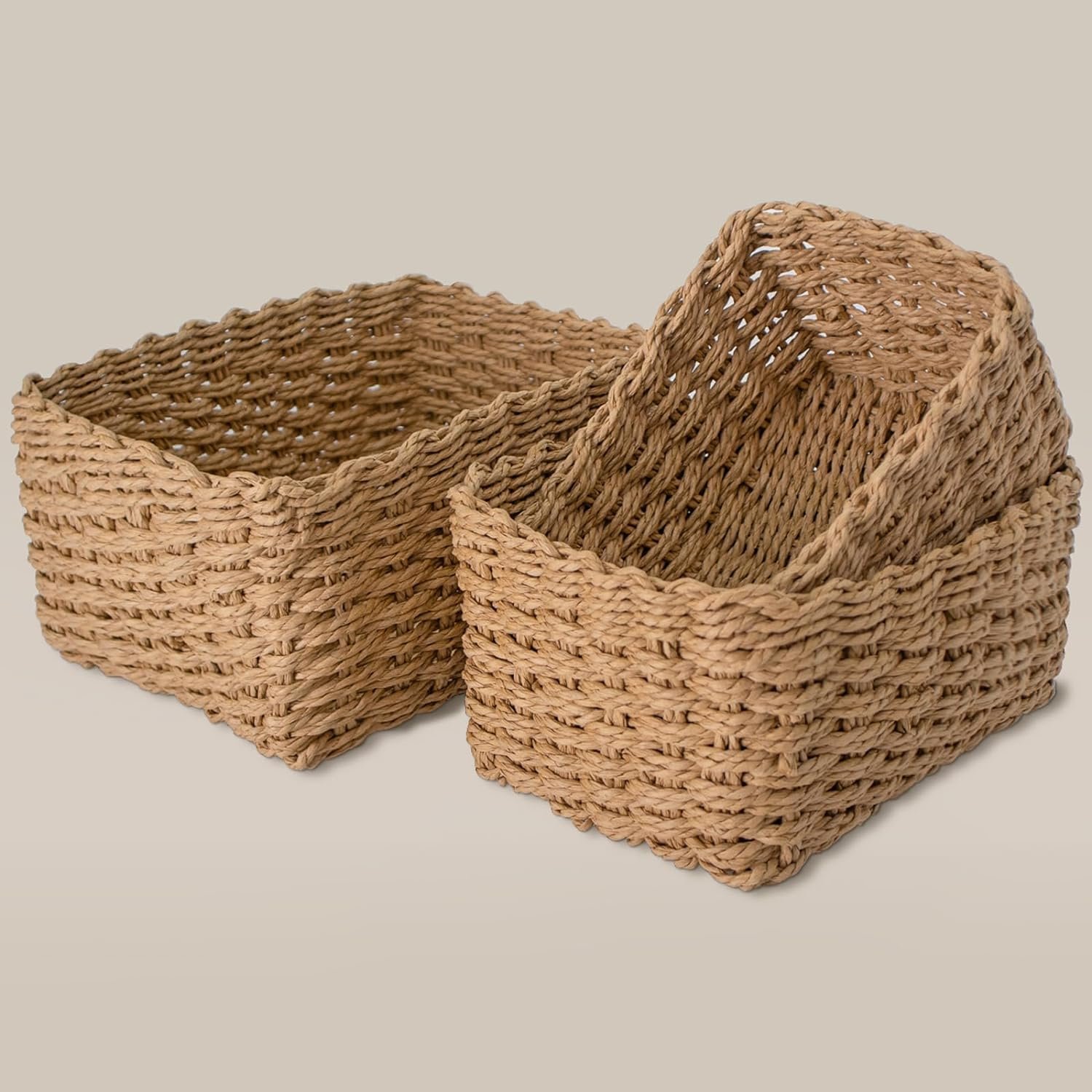 Wholesale paper rope storage basket organizer used to organize shelves cabinets drawer containers small woven baskets 3 sets