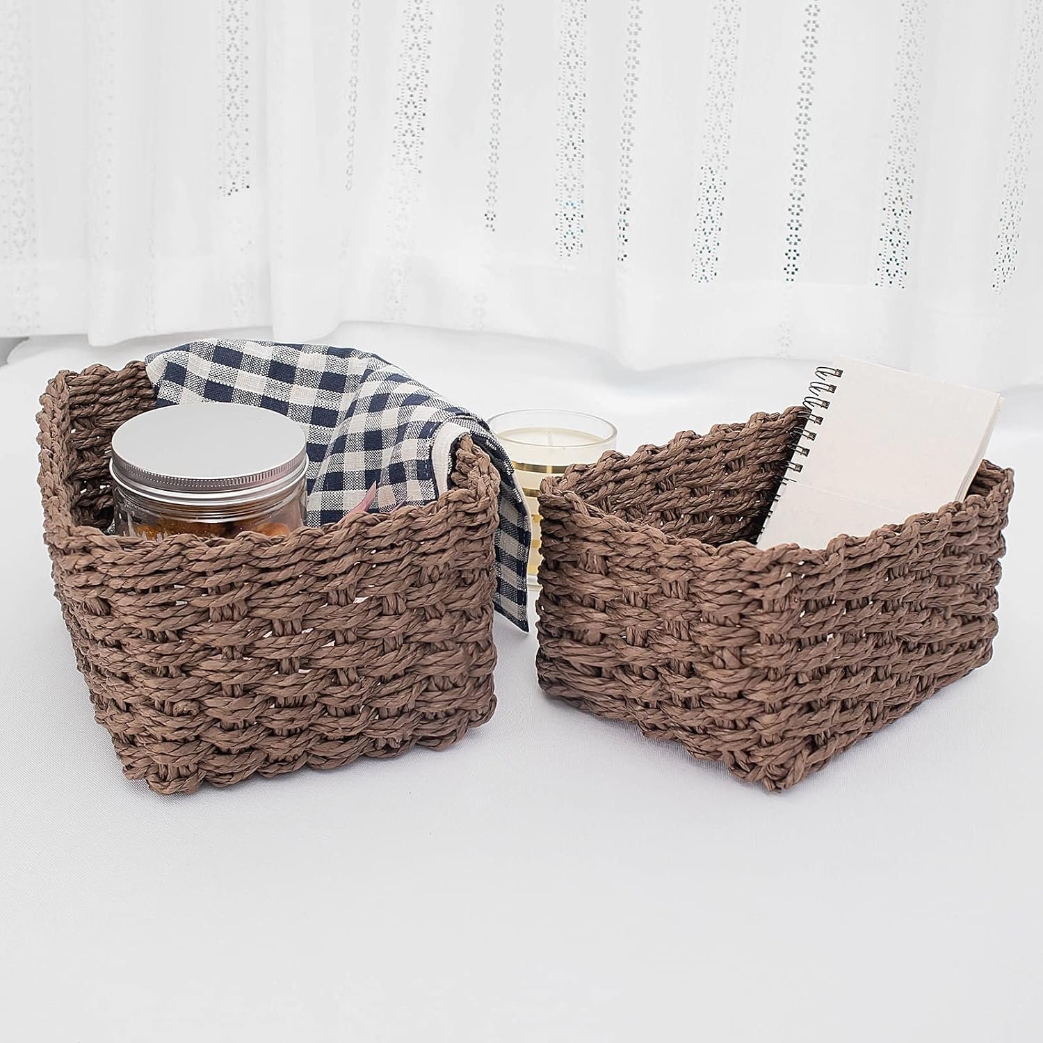Wholesale paper rope storage basket organizer used to organize shelves cabinets drawer containers small woven baskets 3 sets