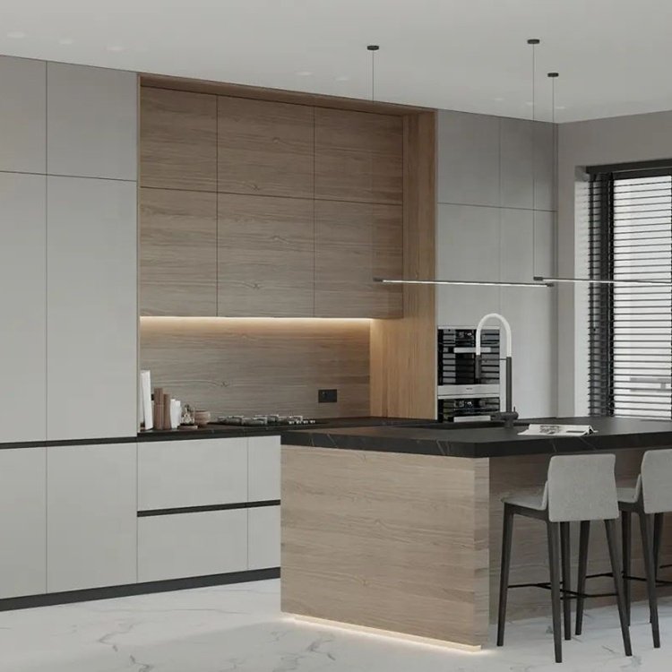 China Direct Factory Overall Cabinetry Design Melamine Faced Chipboard Grey Kitchen Cabinets