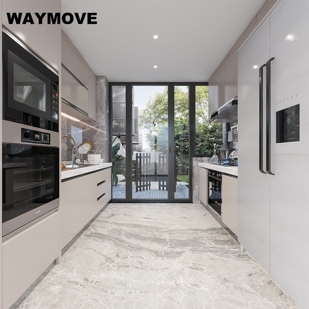 WAYMOVE Modern Shaker Island Kitchen Cabinets with Lacquer Sink White PVC Design Gray Pantry Shaker Kitchen Cabinets