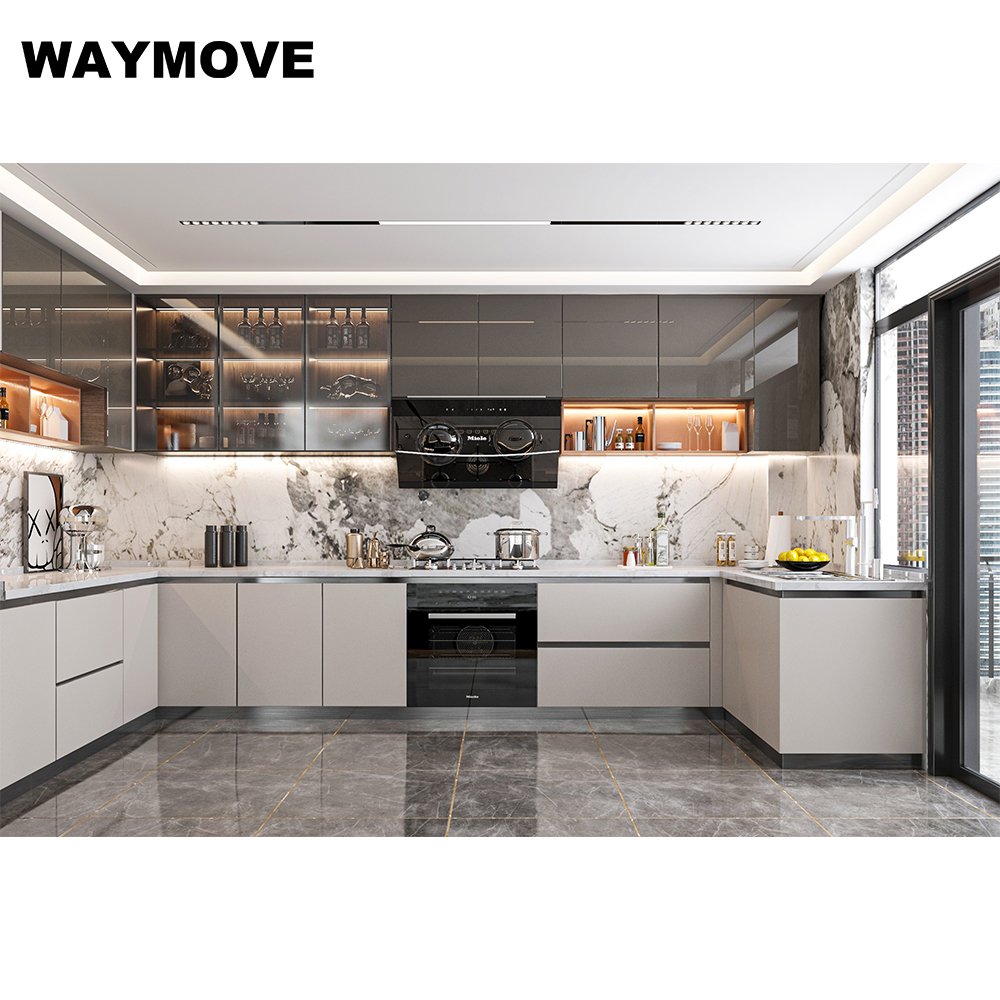 WAYMOVE Modern Shaker Island Kitchen Cabinets with Lacquer Sink White PVC Design Gray Pantry Shaker Kitchen Cabinets