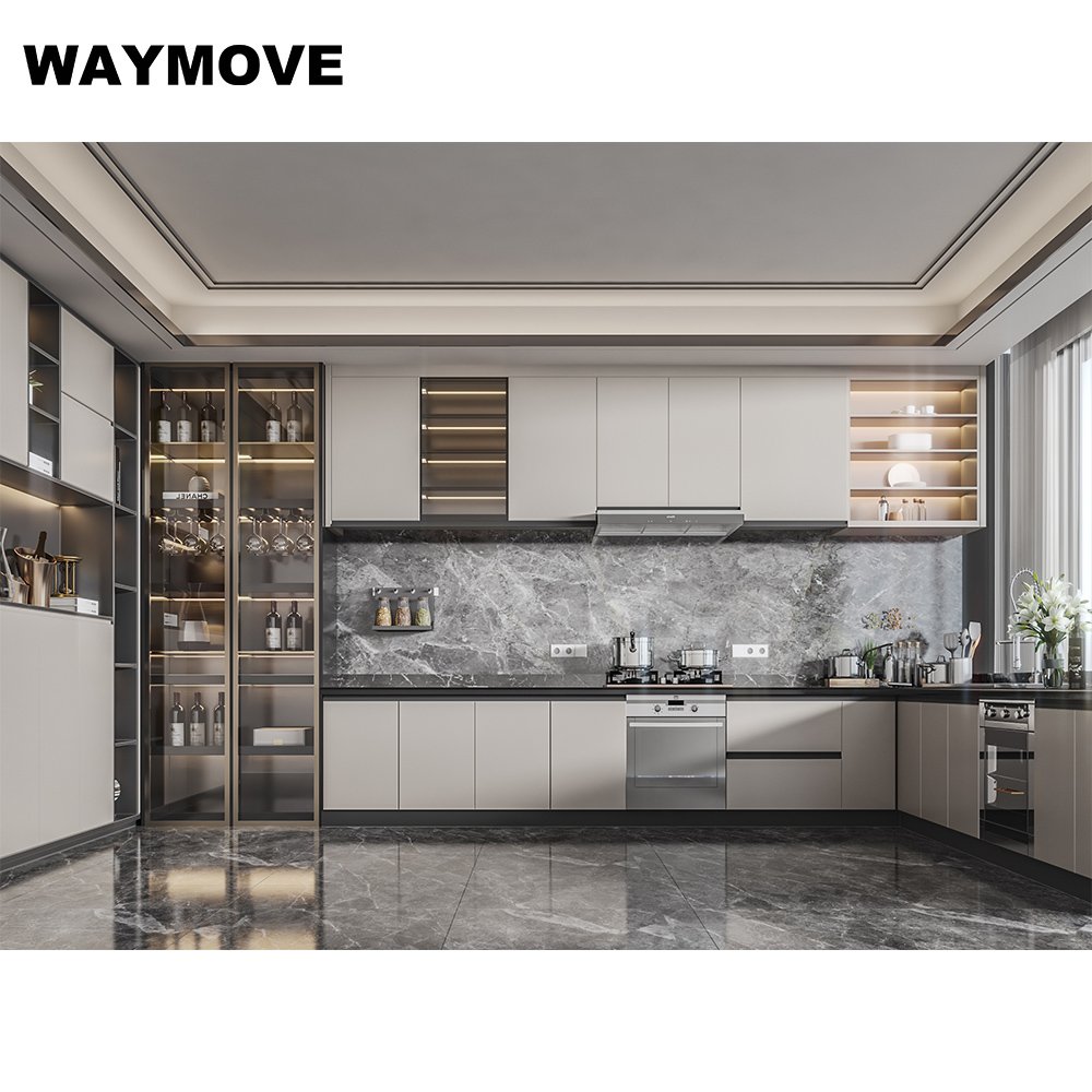 WAYMOVE Modern Shaker Island Kitchen Cabinets with Lacquer Sink White PVC Design Gray Pantry Shaker Kitchen Cabinets