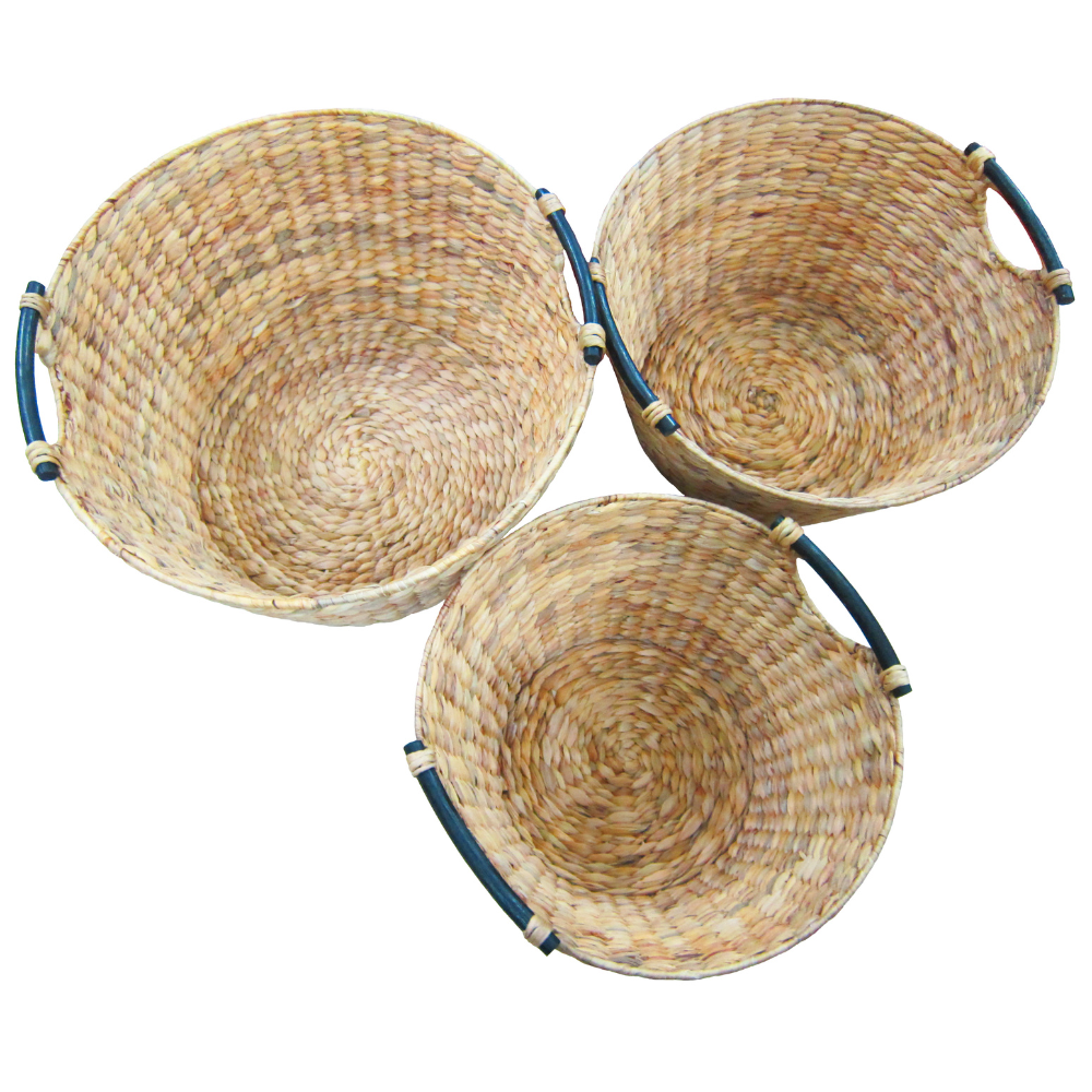 Home 24h Company produce S/5 Small Bowl Water-Hyacinth Baskets Black Rattan Handles HO-2067 in Vietnam for Home organization