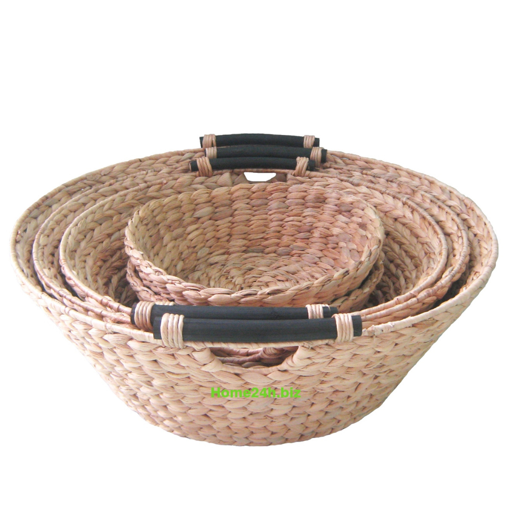 Home 24h Company produce S/5 Small Bowl Water-Hyacinth Baskets Black Rattan Handles HO-2067 in Vietnam for Home organization