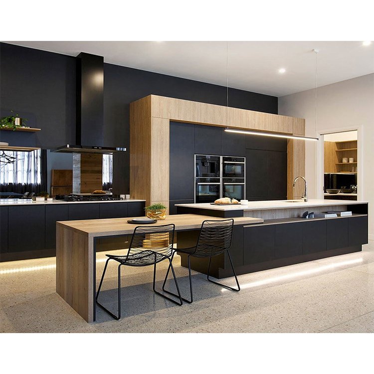 HANSE factory customized cabinets design apartment modern black lacquer finish rta wood kitchen cabinet set