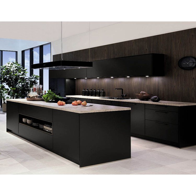 HANSE factory customized cabinets design apartment modern black lacquer finish rta wood kitchen cabinet set