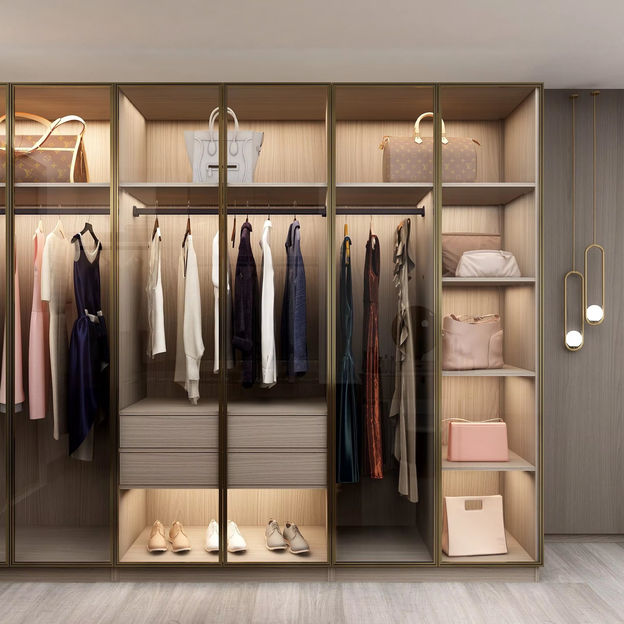 Modern Luxury bedroom free standing metal cabinet wardrobe aluminum frame glass door closet