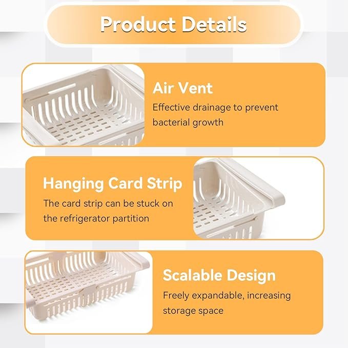 Expandable Plastic Refrigerator Drawers Organize Fridge with Divider Bins for Egg Fruit & Vegetable Storage