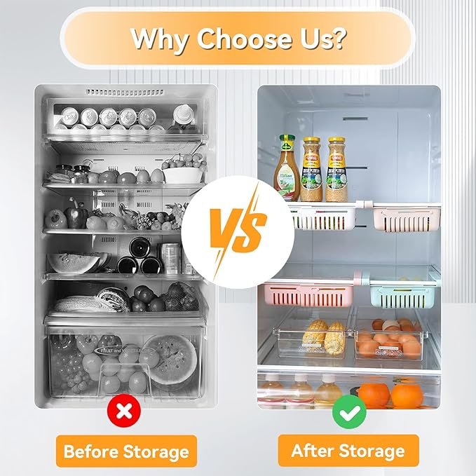 Expandable Plastic Refrigerator Drawers Organize Fridge with Divider Bins for Egg Fruit & Vegetable Storage