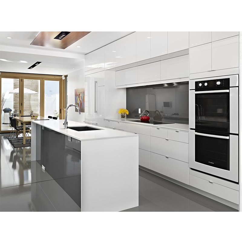 Contemporary Rta White Grey Modern Modular Pvc Thermofoil Vinyl Wrap High Gloss Acrylic Design Kitchen Pantry Cabinet Island Set