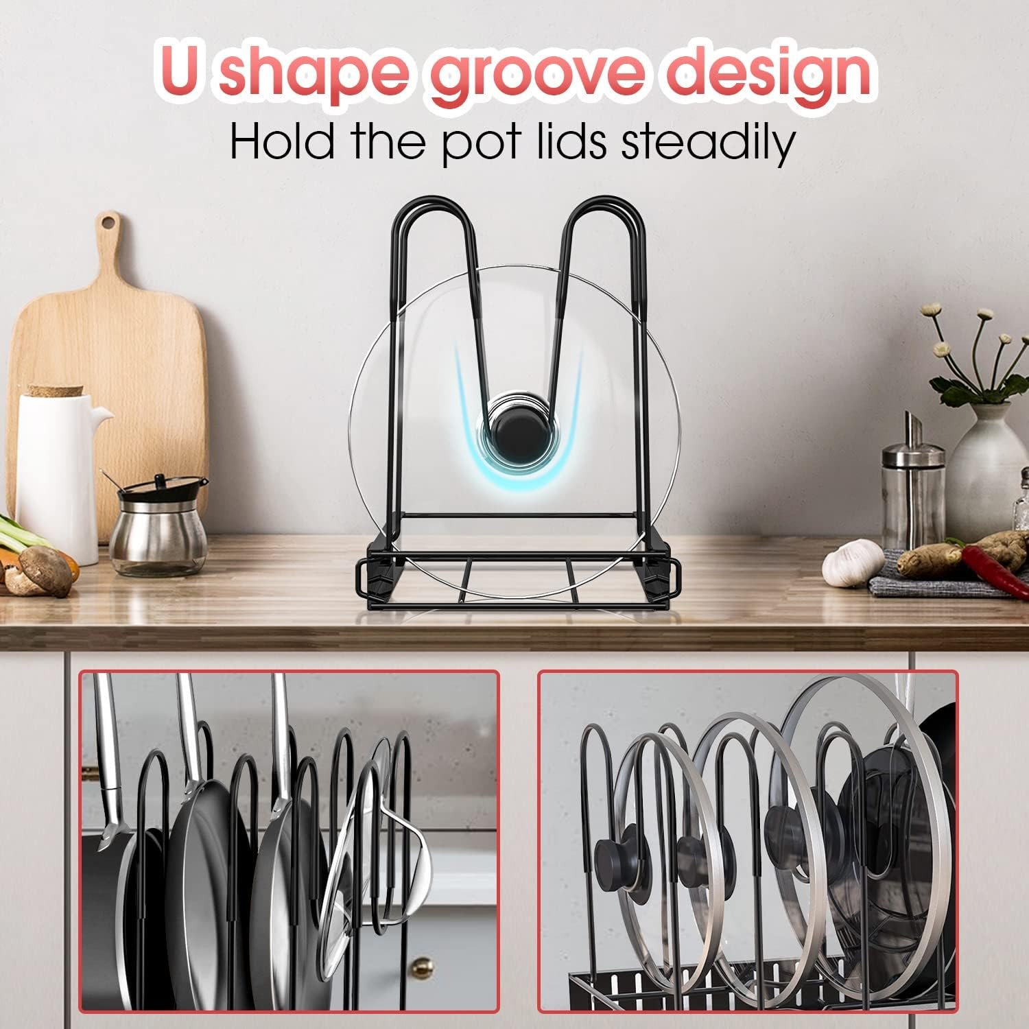 Expandable Pan and Lid Rack, Adjustable Pot Lids and Pans Organizer for Kitchen Storage