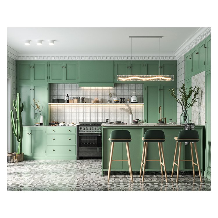 Custom kitchen cabinet island complete sets rta indoor wood built-in modular mdf green cupboard Custom furniture manufacturer