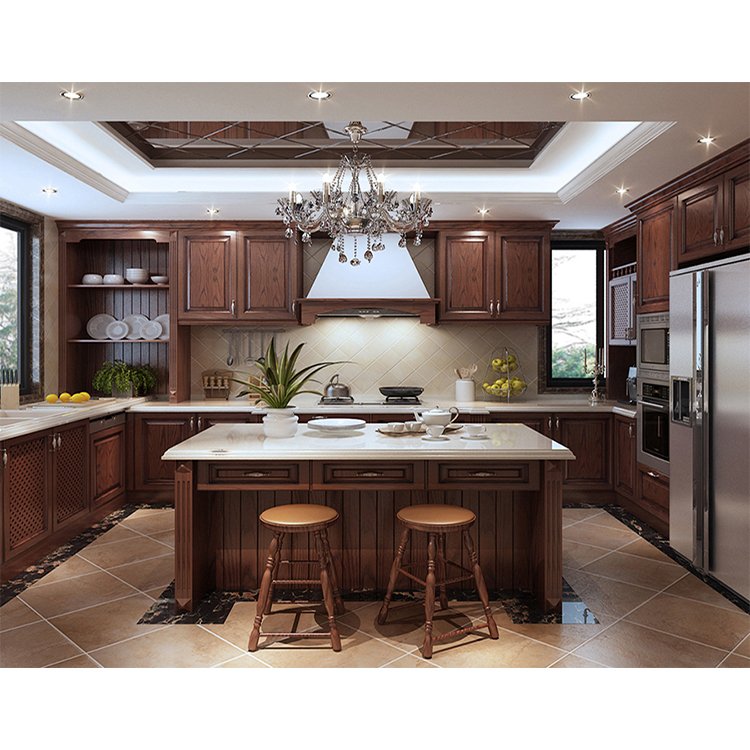 Luxury classic wooden cupboard cabinet set furniture designs custom red cherry color all natural solid wood kitchen cabinets