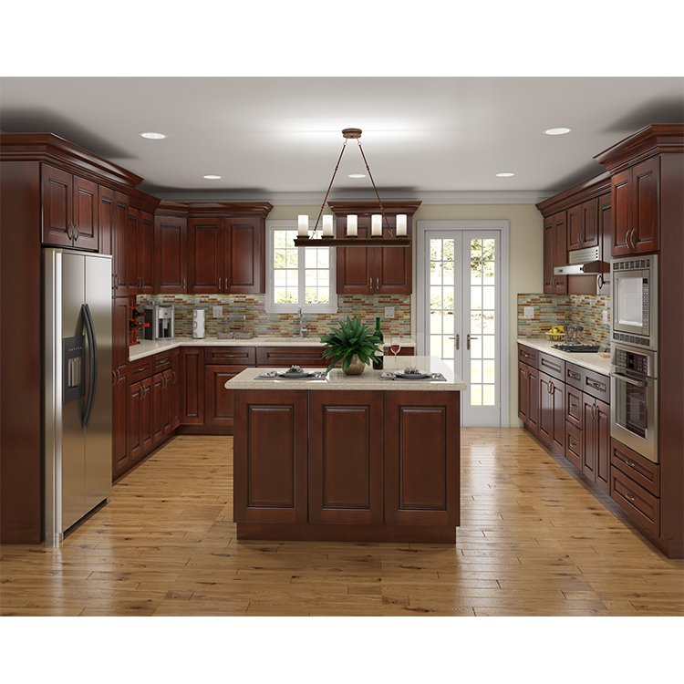 Luxury classic wooden cupboard cabinet set furniture designs custom red cherry color all natural solid wood kitchen cabinets