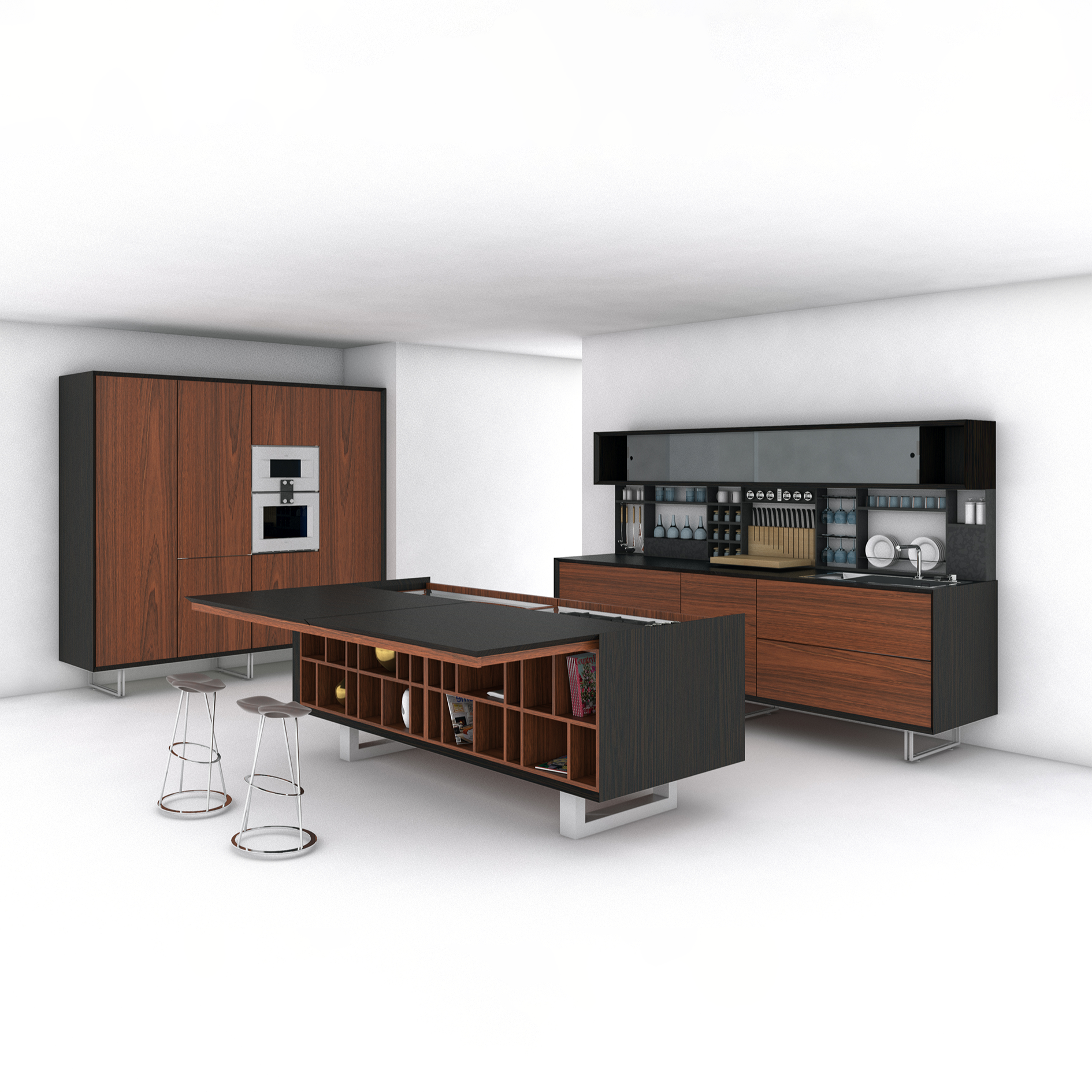 Rosewood and Padouk Escooh Legnovivo Luxury kitchen set made in Italy top-grade natural materials customizable