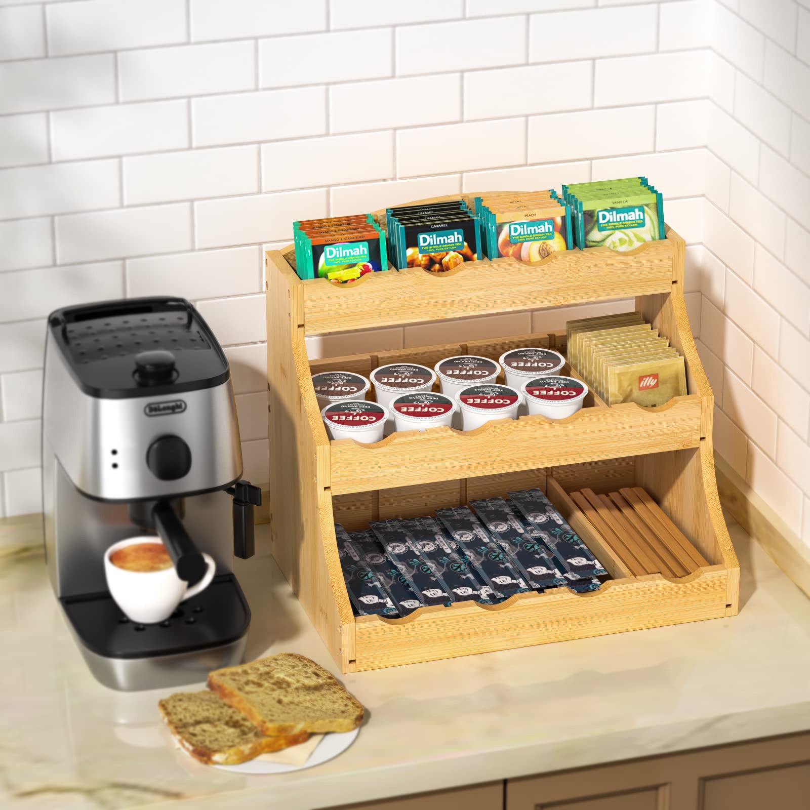 Bamboo Tea Bag Organizer 3 Tier Coffee Organizer Tea Holder For Kitchen Tea Storage Chests Fruit Tray Vegetable Storage Stand