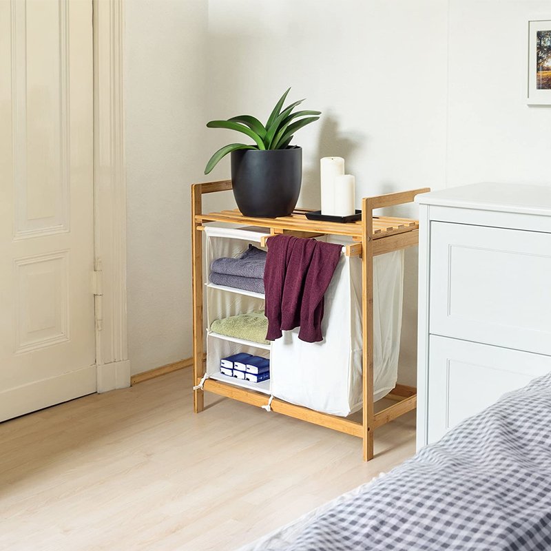 Wholesale 3 Compartments Shelf Original Bamboo Laundry Hamper Basket with White Linen Fabric Storage Bag 3 Tier Drawer
