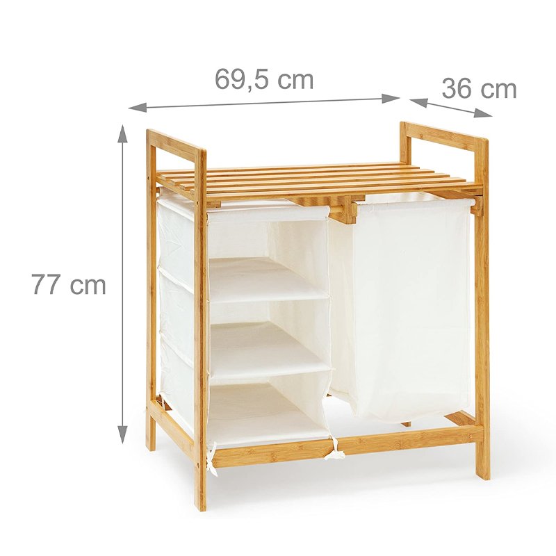 Wholesale 3 Compartments Shelf Original Bamboo Laundry Hamper Basket with White Linen Fabric Storage Bag 3 Tier Drawer