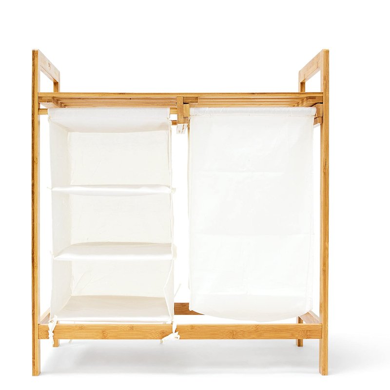 Wholesale 3 Compartments Shelf Original Bamboo Laundry Hamper Basket with White Linen Fabric Storage Bag 3 Tier Drawer
