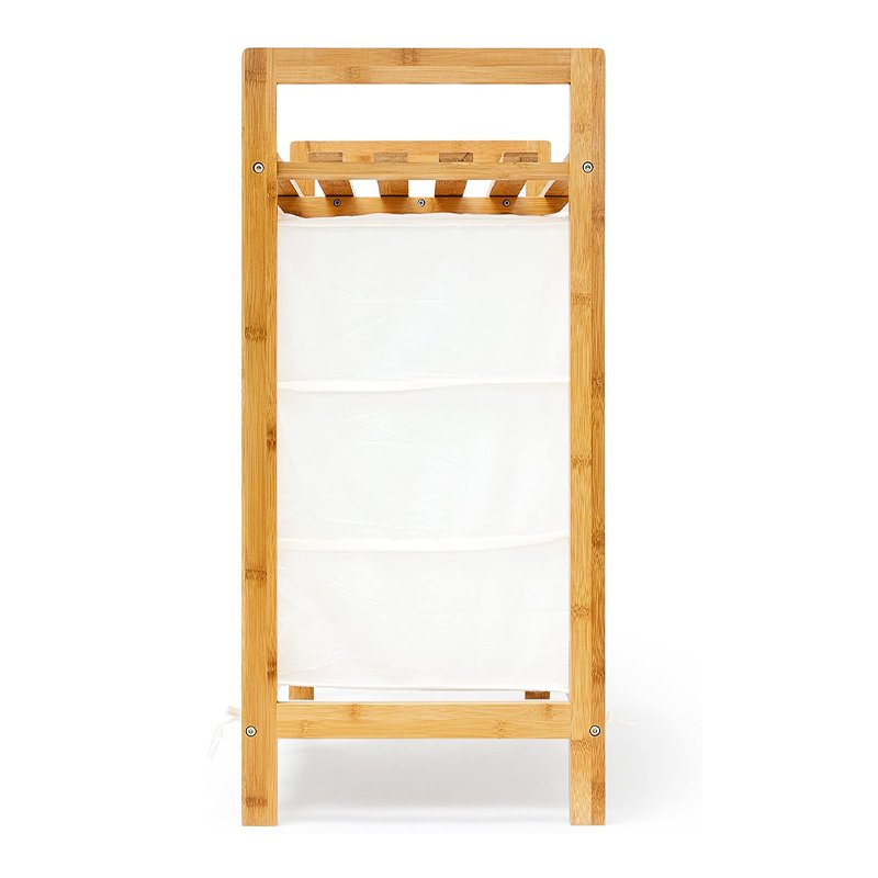 Wholesale 3 Compartments Shelf Original Bamboo Laundry Hamper Basket with White Linen Fabric Storage Bag 3 Tier Drawer